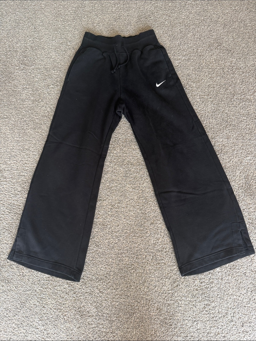 Nike Black Wide-Leg Fleece Pants with White Swoosh
